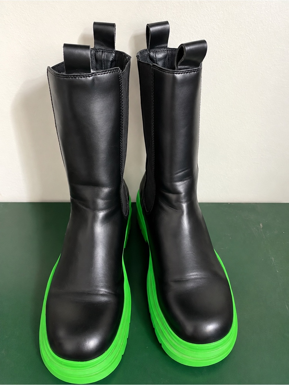 Women's Black Combat Boots with Neon Green Sole